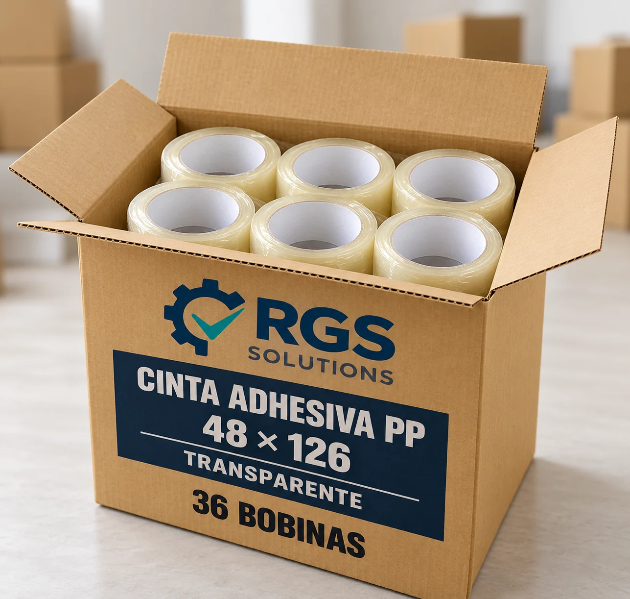 Caja RGS Solutions con cinta adhesiva PP transparente, referencia 48 × 126, 36 bobinas